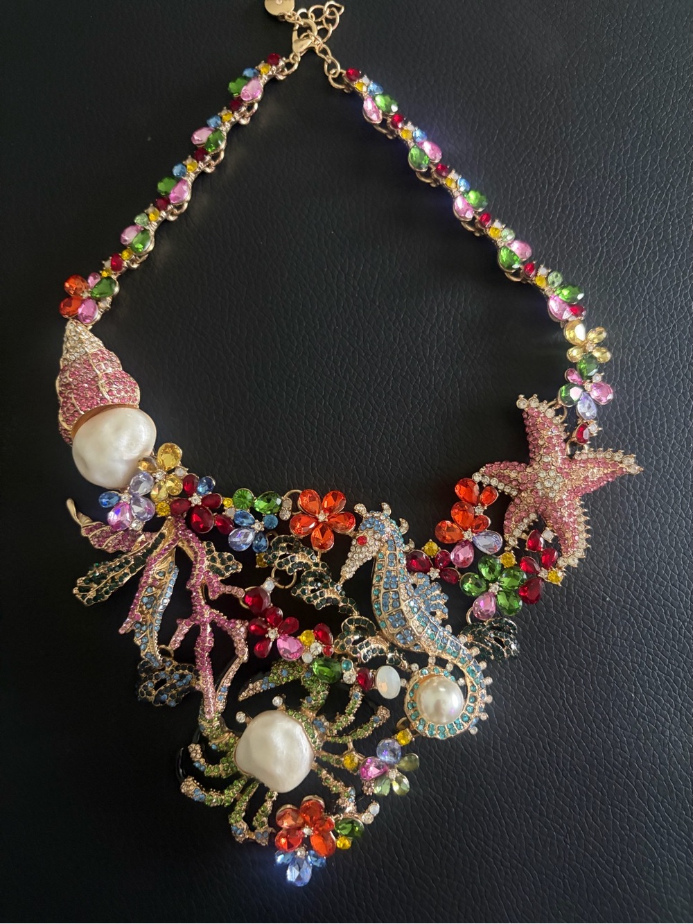 Multicolor Floral Statement Necklace with Pearls - Women Jewelry - Picture 2 of 2